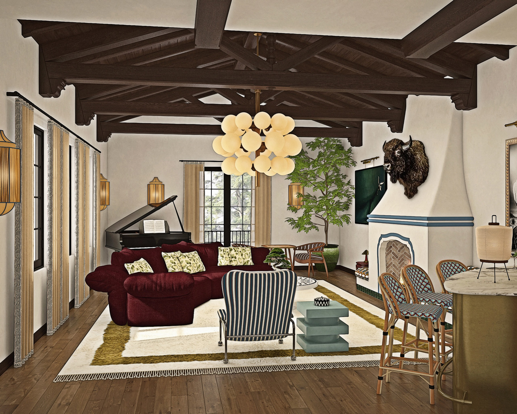 Ambrose living room with exposed wood beams, burgundy seating, and eclectic styling, a Studio Nauleau renovation of a historic Los Feliz home